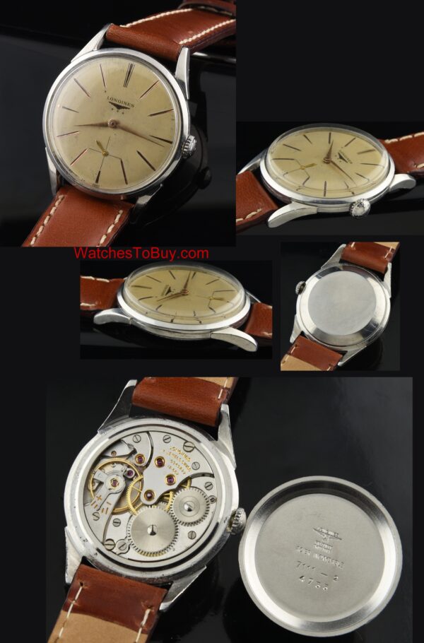 1950s Longines stainless steel watch with original case, winding crown, dial, and cleaned, accurate caliber 12.68Z manual winding movement.