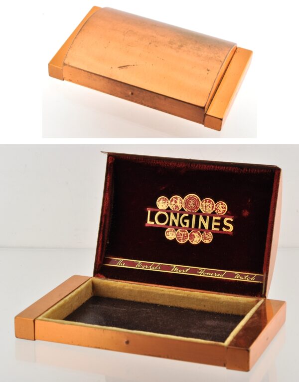 Copper-toned Longines watch box with a red-velvet interior, enamel inlay, and missing insert.