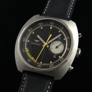1970s Longines Nonius stainless steel chronograph watch with original elongated yellow second hand, dial, handset, and caliber 538 movement.