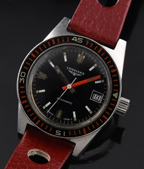 1970s Longines stainless steel dive watch with original case, turning bezel, signed crown, and cleaned automatic rotor winding movement.