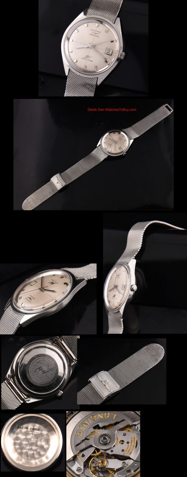 1968 Longines 37mm Ultra-Chron stainless steel watch with original winding crown, quadrant dial, and caliber 431 automatic winding movement.