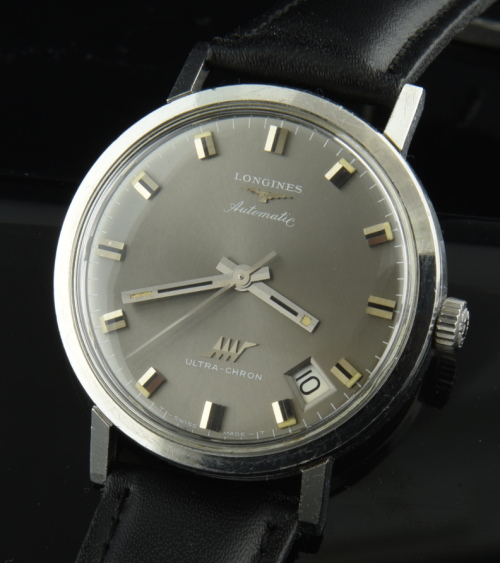 1974 Longines 36.5mm Ultra-Chron stainless steel watch with original smoke dial, winding crown, and caliber 431 automatic winding movement.