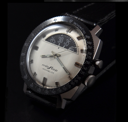 1960s Vulcain MinStop stainless steel parking-metre watch with original 1-hour timing function, case, tachometer bezel, and manual movement.
