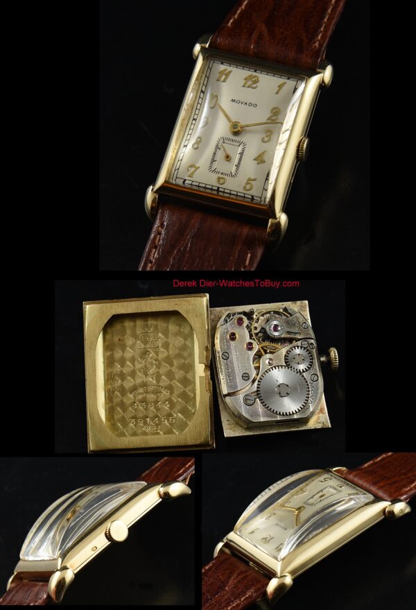1940s Movado 23x36mm watch with a restored original dial, 14k gold case, manual winding movement, and Breguet-styled gold-toned numerals.