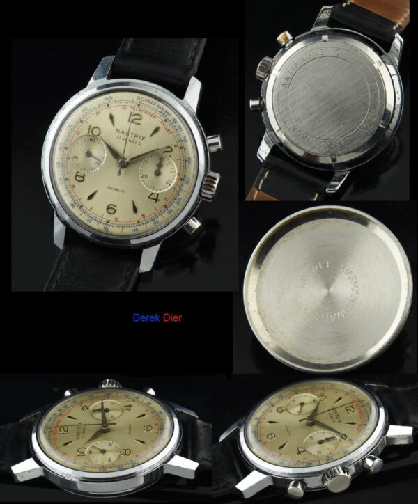 Nastrix stainless steel chronograph watch with original Wakmann-signed case, dial, telemeter scale, and Venus 188 manual winding movement.