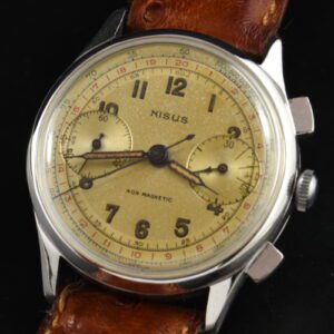 1940s Nisus 35.5mm chrome-plated steel chronograph watch with original pushers, dial, case, and serviced Valjoux 23 column-wheel movement.