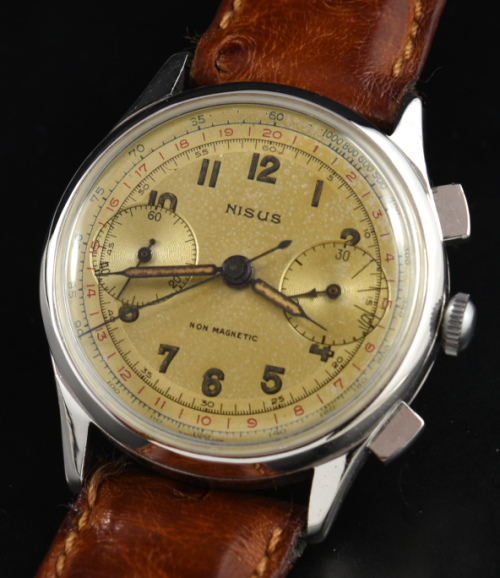 1940s Nisus 35.5mm chrome-plated steel chronograph watch with original pushers, dial, case, and serviced Valjoux 23 column-wheel movement.