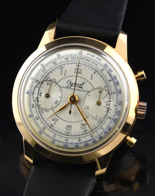 1950s Ogival 39mm gold-plated chronograph watch with original two-tone dial, handset, case, and cleaned Venus 188 manual winding movement.