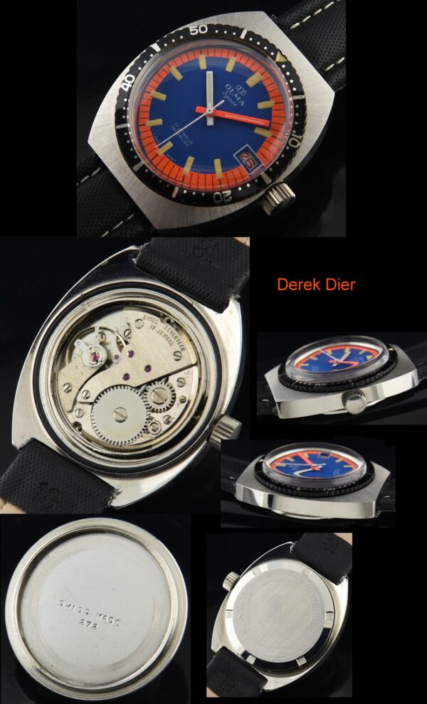 1970s Olma 42.5mm chrome and steel dive watch with original orange/blue dial, turning bezel, baton hands, and clean manual winding movement.