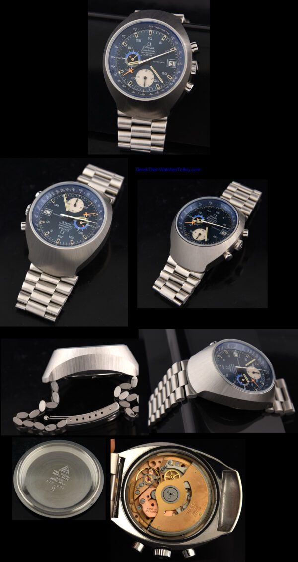 1970s Omega 40.5mm Speedmaster MK3 stainless steel chronograph watch with original blue dial, baton hands, case, and caliber 1040 movement.