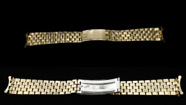 Uncommon Omega 19mm 1040 gold-plated brick link bracelet for the Constellation 'C' shaped 1960s and 1970s Omega Constellation watches.