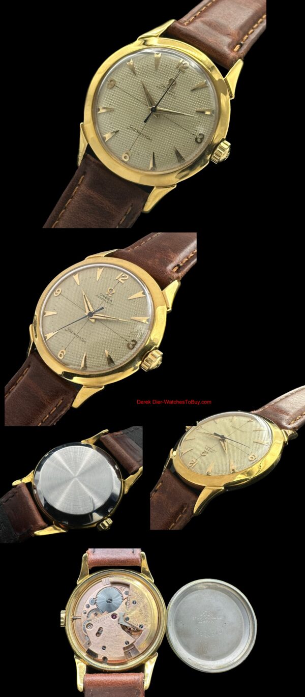1951 Omega Seamaster gold-filled watch with original Star case, quadrant dial, arrow markers, Arabic numerals, and caliber 351 movement.