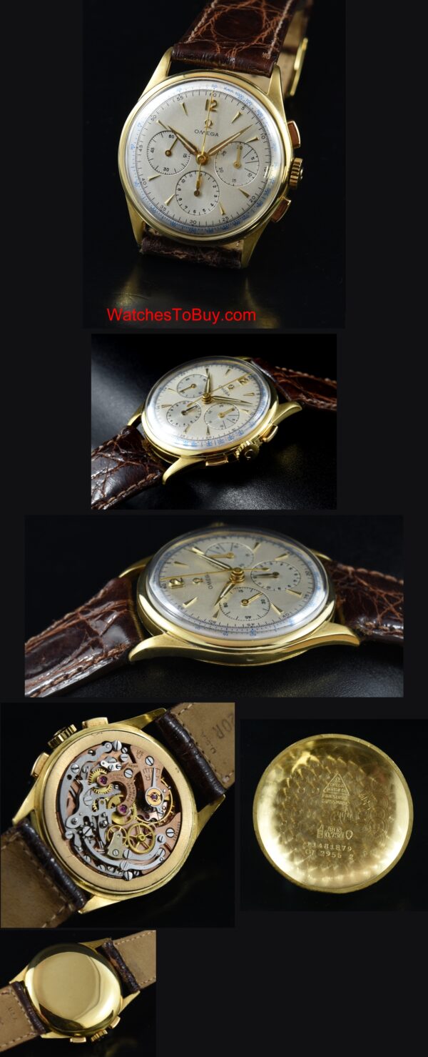 1959 Omega 18k solid-gold chronograph watch with original restored dial, Dauphine hands, winding crown, and caliber 321 renowned movement.