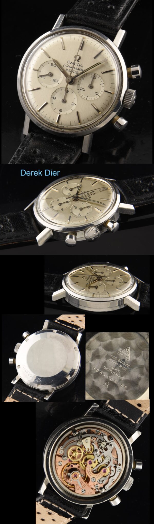 1965 Omega Seamaster stainless steel chronograph watch with original Meister-signed dial, hands, winding crown, and caliber 321 movement.