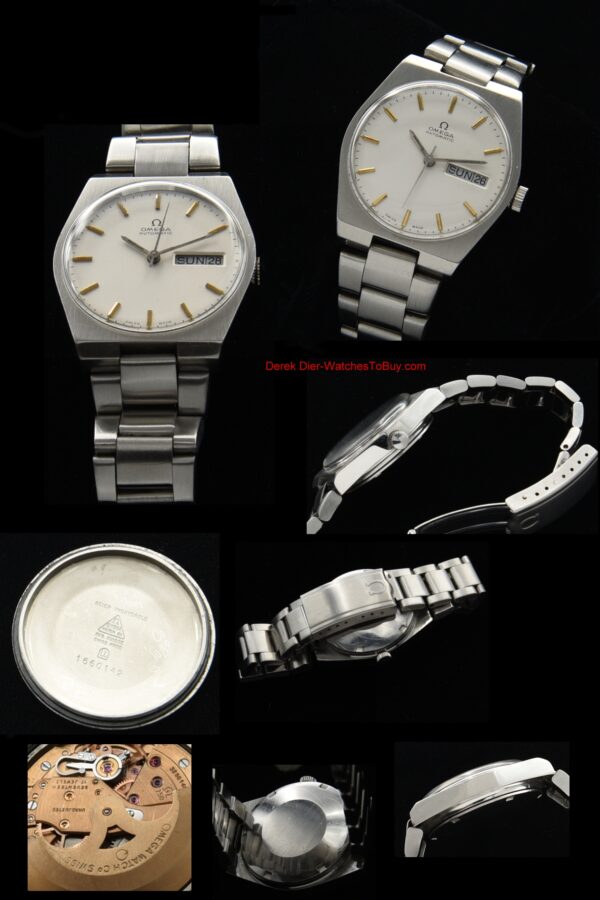 1970 Omega 35mm stainless steel watch with original bracelet, case, replacement winding crown, and caliber 750 automatic winding movement.