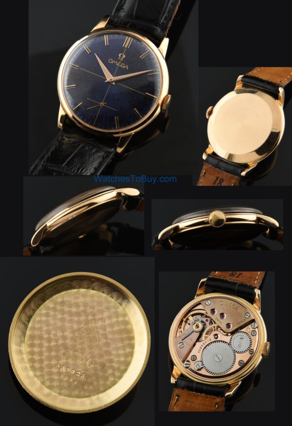 1957 Omega 18k rose-gold watch with original refinished azure-blue dial, case, crown, Dauphine hands, and clean caliber 267 manual movement.