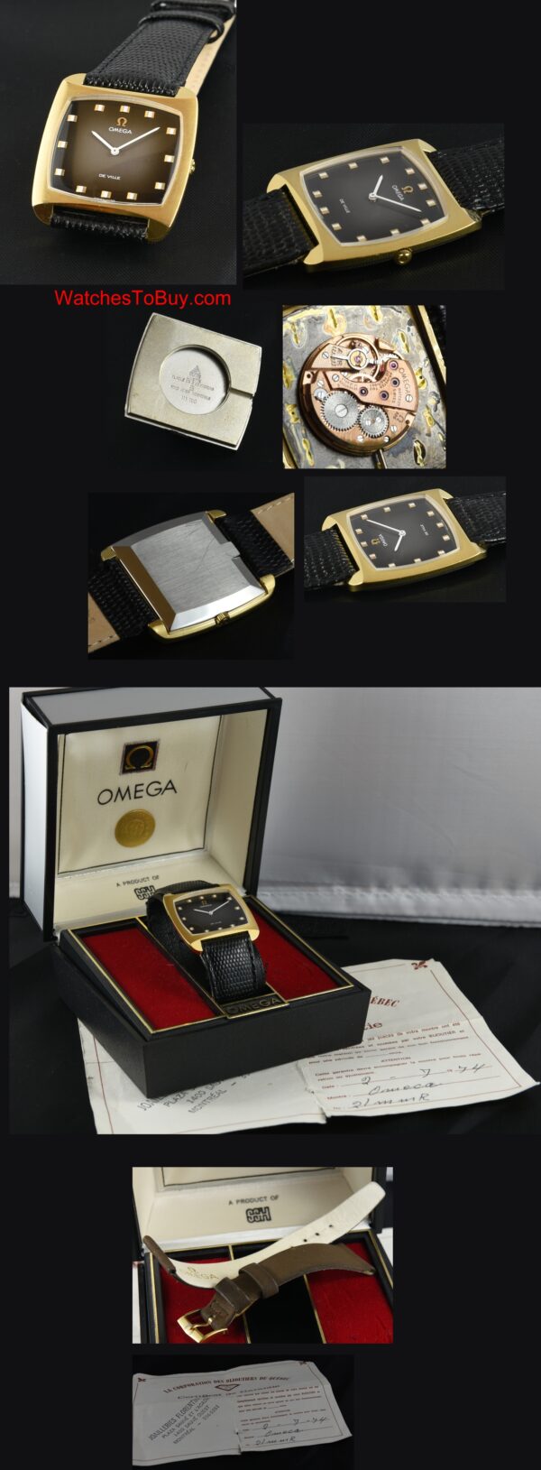 1974 television-shaped Omega De ville gold-plated watch with original box, paper, winding crown, and caliber 620 manual winding movement.