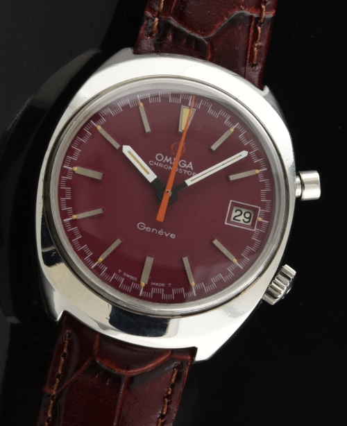 1966 Omega Chronostop stainless steel one-button chronograph watch with original cranberry dial, hands, and clean manual winding movement.