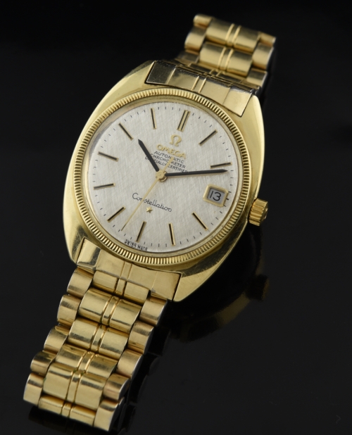 1968 Omega Constellation 'C' gold-capped watch with original coin-edge bezel, crown, bracelet, emblem, and caliber 564 automatic movement.
