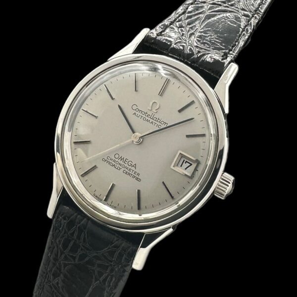 1973 Omega Constellation Japanese-market watch with original slate-grey dial, crystal, winding crown, case, and clean caliber 1000 movement.