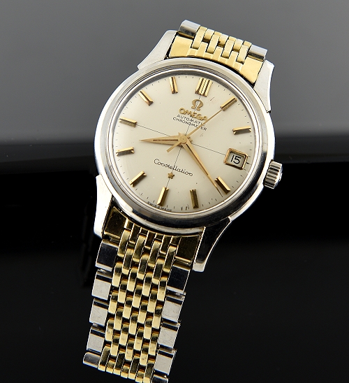 1960 Omega Constellation gold-plated and steel watch with original two-tone case, bracelet, and caliber 561 chronometer-grade movement.