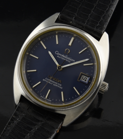 1974 Omega Constellation stainless steel watch with original uncommon blue-jean dial, case, winding crown, and clean caliber 1011 movement.