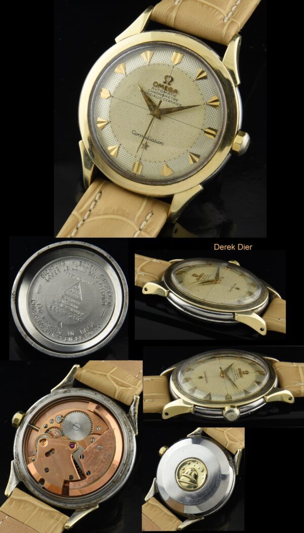 1954 Omega Constellation gold-capped watch with original two-toned dial, kite markers, case, and chronometer-grade caliber 354 movement.