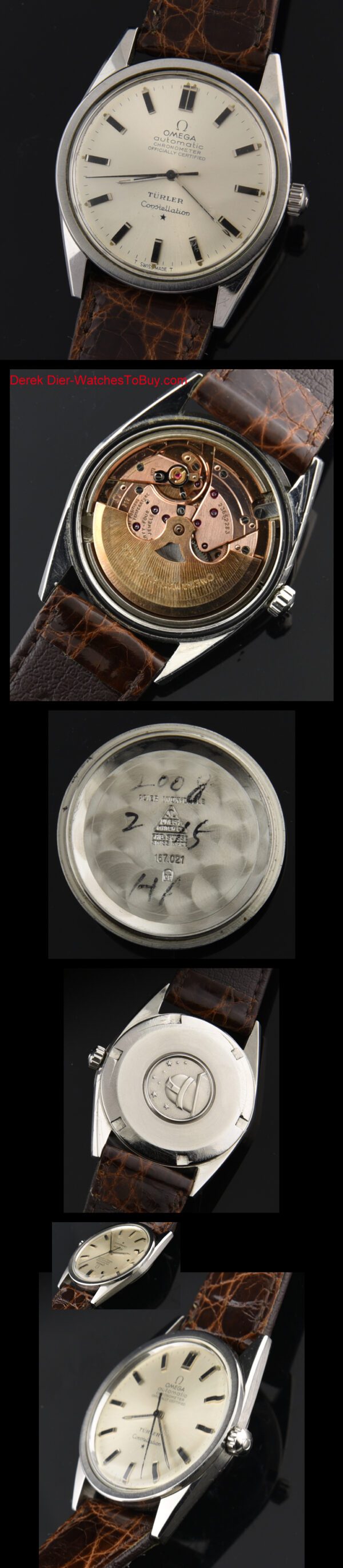 1966 Omega 33.5mm Constellation stainless steel watch with original Turler dial, winding crown, and caliber 712 chronometer-grade movement.