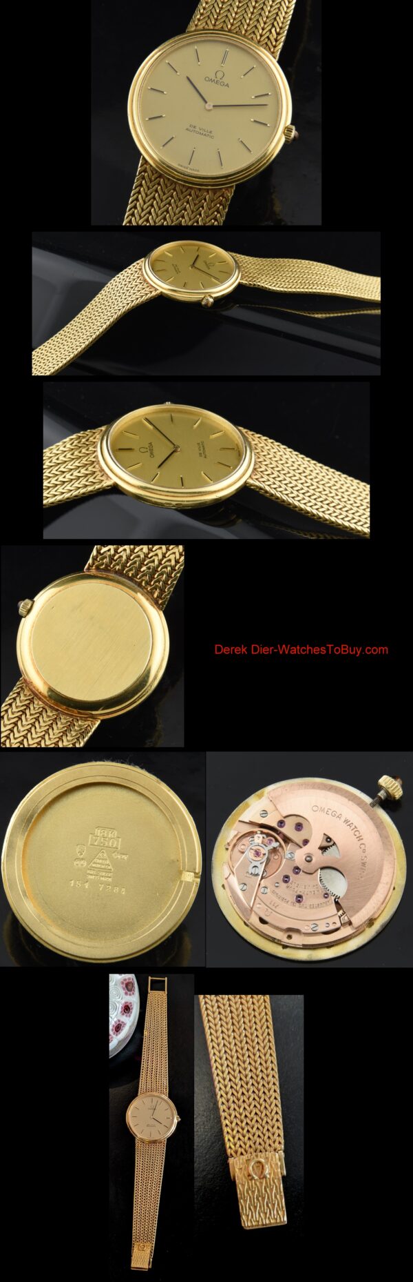 1980s Omega 33mm De Ville heavy 18k solid-gold watch with original champagne dial, bracelet, baton markers, and automatic winding movement.