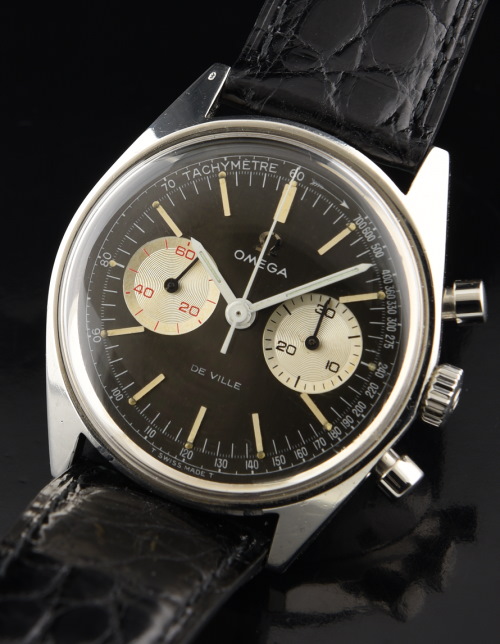 1968 Omega De Ville stainless steel chronograph watch with original dial, silver registers, hands, case, and caliber 860 manual movement.