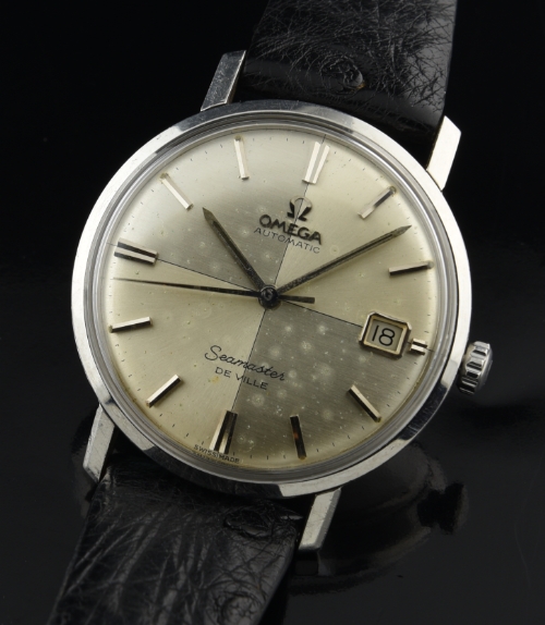 1960s Omega Seamaster De Ville stainless steel watch with original quadrant dial, sea-monster case back, and cleaned automatic movement.