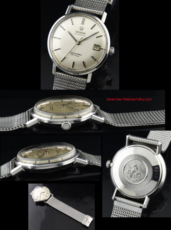 1966 Omega Seamaster De Ville stainless steel watch with original silver dial, crystal, and caliber 500 series automatic winding movement.