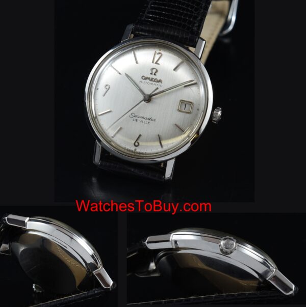 1960s Omega Seamaster De Ville stainless steel watch with original dial, Arabic numerals, crown, and cleaned automatic winding movement.