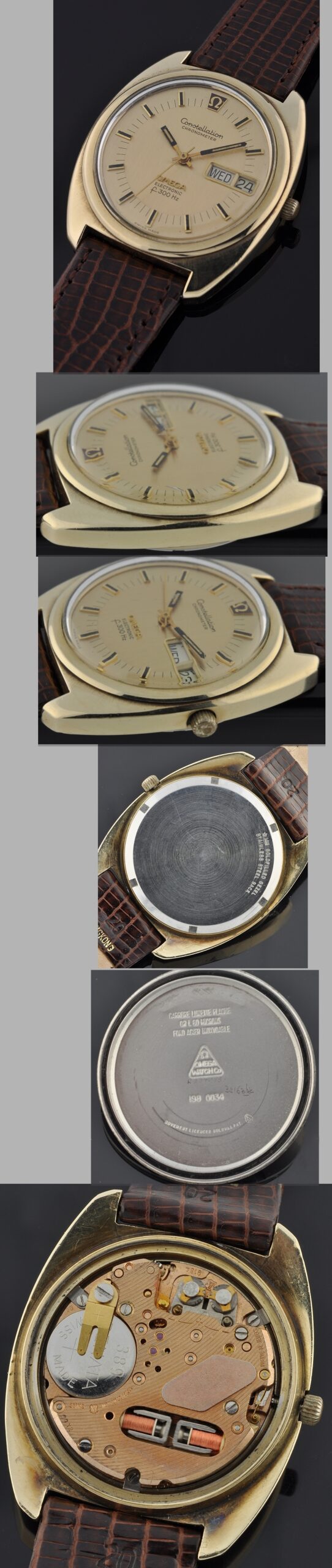 Omega Constellation F300 gold-plated watch with original dial, day/date aperture, hands, enamel markers, and reliable electronic movement.