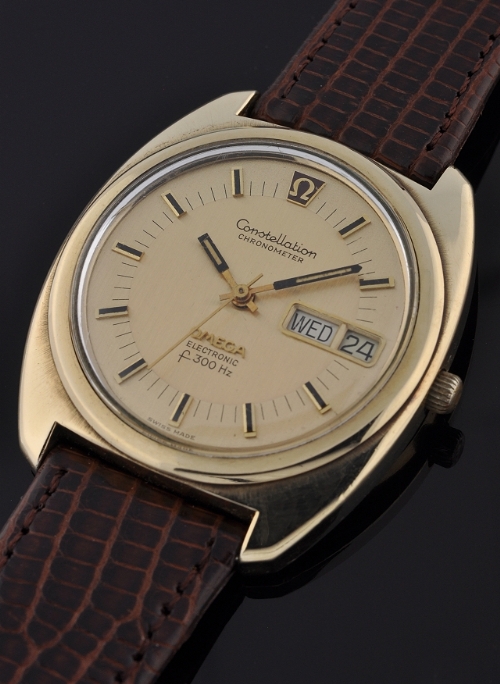 Omega Constellation F300 gold-plated watch with original dial, day/date aperture, hands, enamel markers, and reliable electronic movement.
