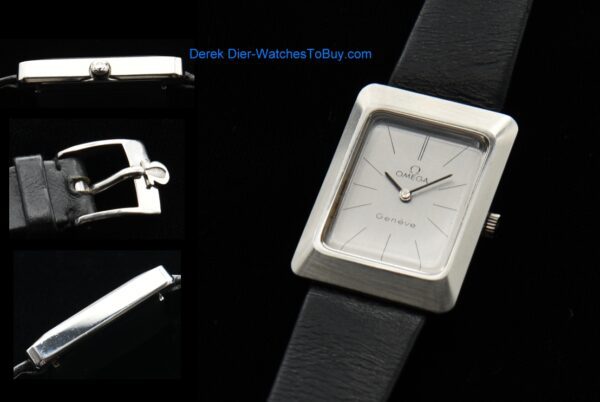 1975 Omega 23x33mm Geneve stainless steel rectangular watch with original caliber 625 manual winding movement, grey dial, hands, and crown.