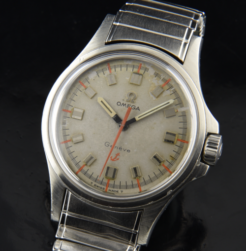 1968 Omega 35mm Geneve Admiralty stainless steel watch with original dial, hands, winding crown, and caliber 601 manual winding movement.