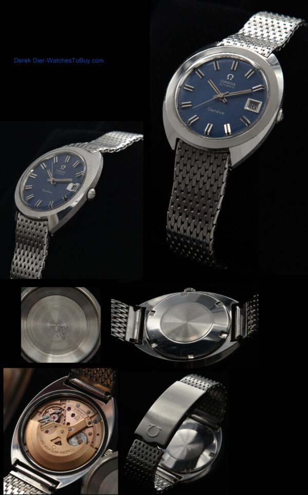 1970 Omega 37mm Geneve stainless steel watch with polished bezel, winding crown, rare blue dial, and caliber 565 automatic winding movement.