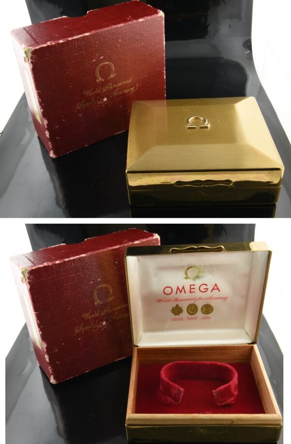 1960s Omega Seamaster 4x4.5" gold-toned uncommon metal watch box complete with high-quality inner and outer boxes in pristine condition.