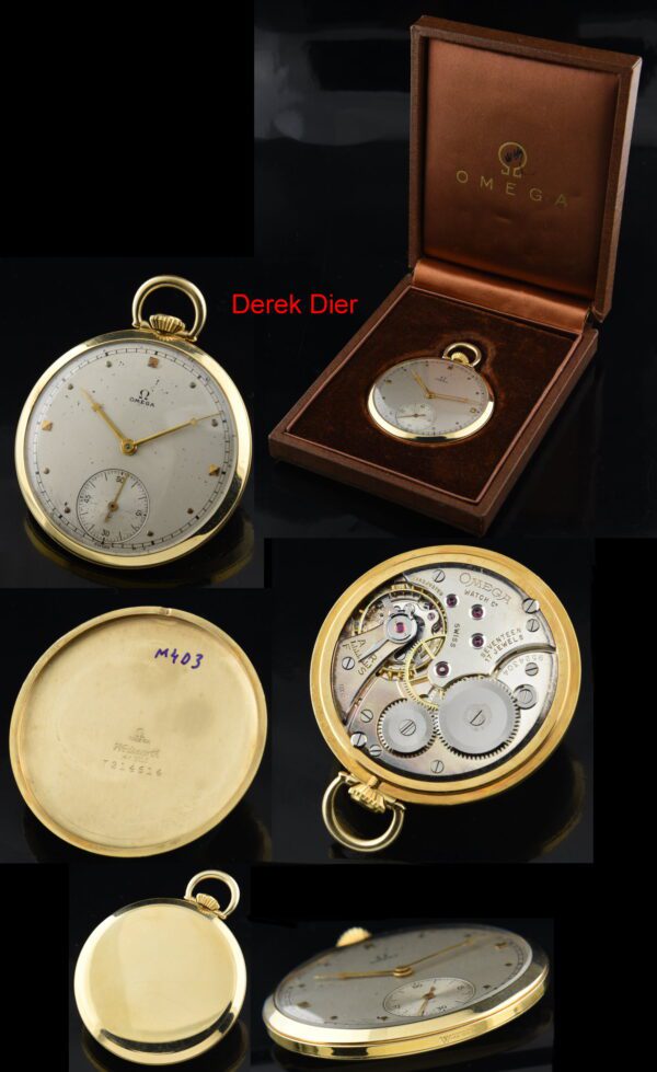 1942 slim and sleek Omega 18mm 14k solid-gold pocket watch with original box, dial, flawless case, and fine, cleaned, accurate movement.