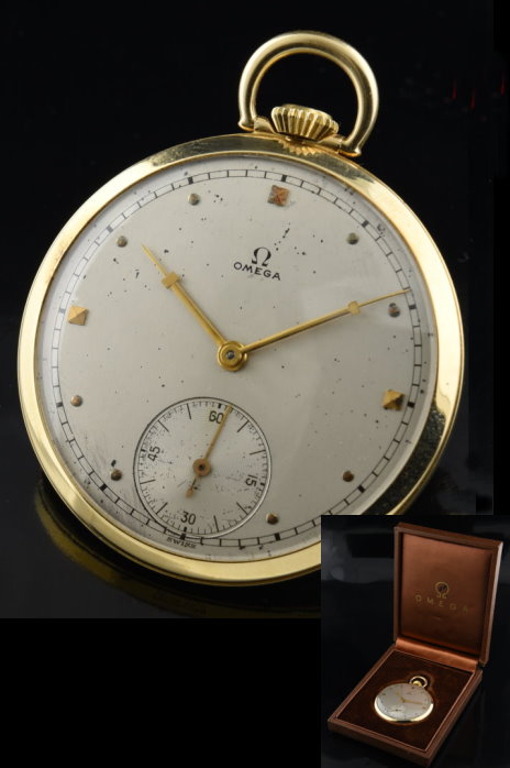 1942 slim and sleek Omega 18mm 14k solid-gold pocket watch with original box, dial, flawless case, and fine, cleaned, accurate movement.