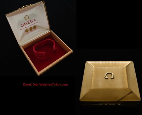 Omega gold metal 1960s box measuring 3.75x4.5" with silk and red velvet insert for men's vintage Omega.