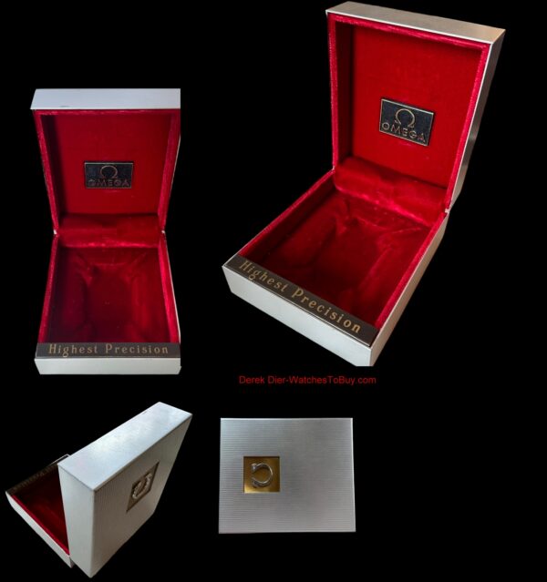 Beautifully made 3.5x4.5" metal vintage Omega watch box marked "Highest Precision" in very fine condition.