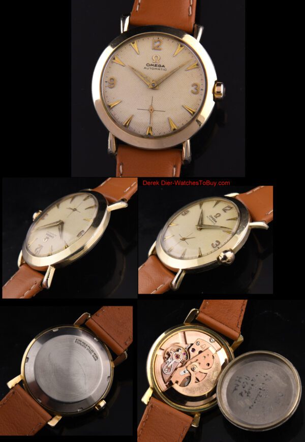 1954 Omega gold-filled watch with original dial, Arabic numerals, Dauphine hands, winding crown, and caliber 491 automatic winding movement.