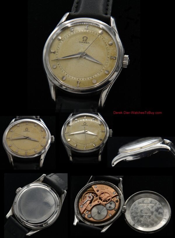 1951 vintage Omega manual winding watch with original dial, amazing patina, unique beveled markers on Dauphine hands, caliber 283 movement.