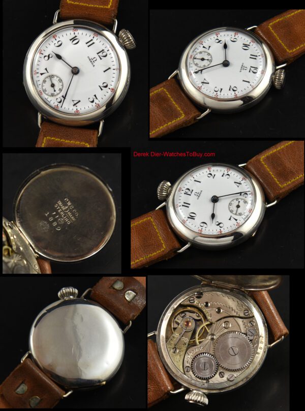 1905 early Omega sterling silver watch with original porcelain dial, spade style hands, onion winding crown, and manual winding movement.