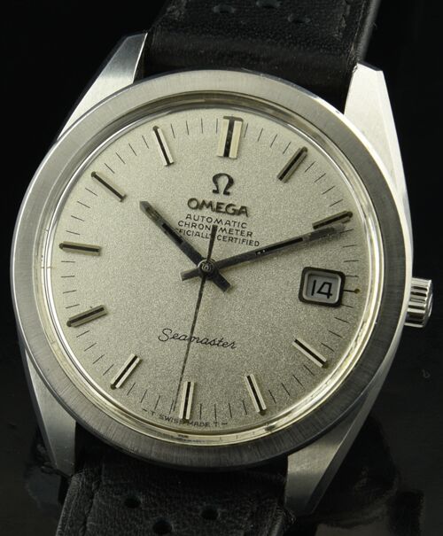 1967 Omega Seamaster stainless steel watch with original chamfer lugs, hesalite crystal, dial, and caliber 564 chronometer-grade movement.
