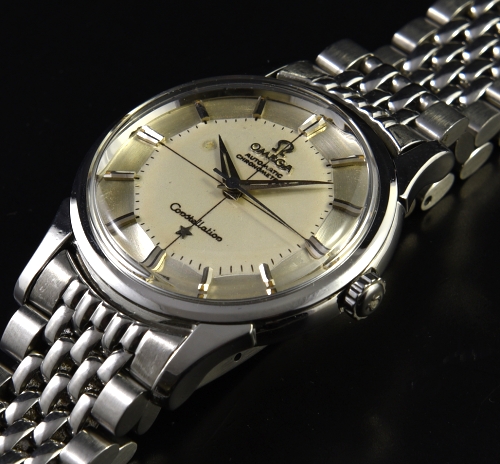 1960 Omega Constellation stainless steel watch with original pie-pan Connie dial, bracelet, and clean chronometer-grade automatic movement.