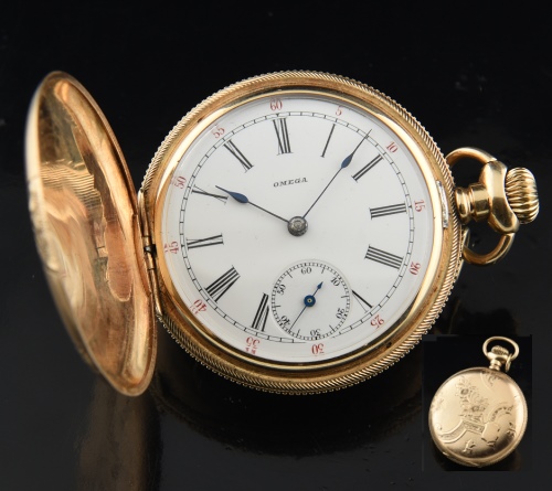 1900 Omega 40.5mm 14k solid-yellow-gold pocket watch with original signed case, porcelain dial, Roman numerals, and manual winding movement.