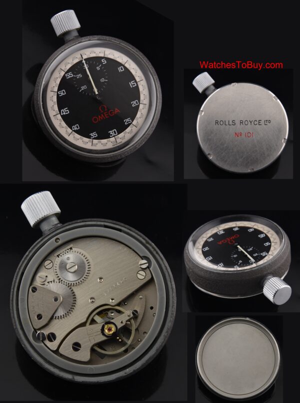 Omega Rolls Royce stainless steel stopwatch used for timing engines in the factory with original black dial and manual winding movement.